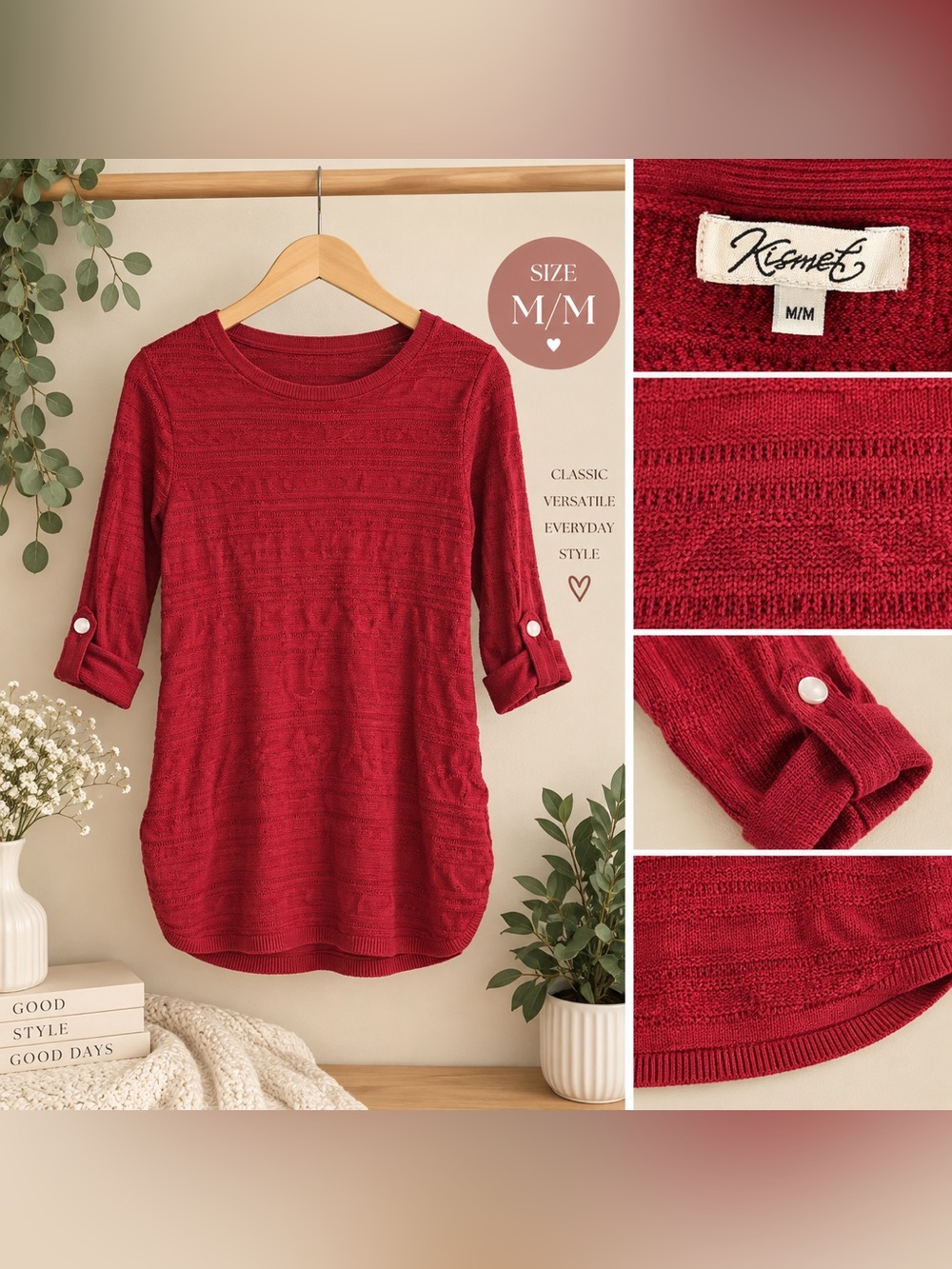 Renee C Women’s Red Textured Knit Tunic Top – Size Medium